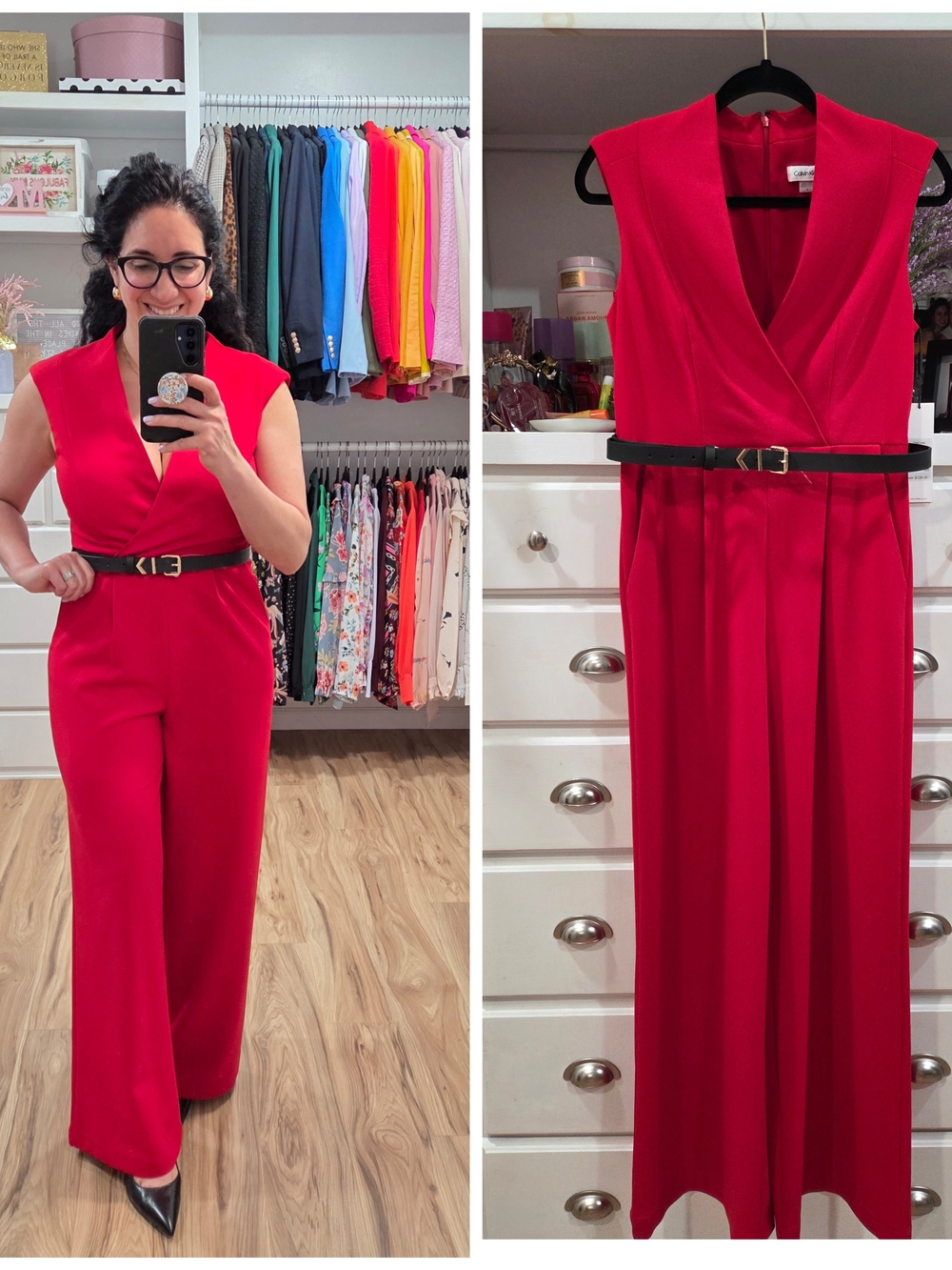 NWT Calvin Klein Bright Red Sleeveless V-Neck Wide-Leg Jumpsuit with Black Belt